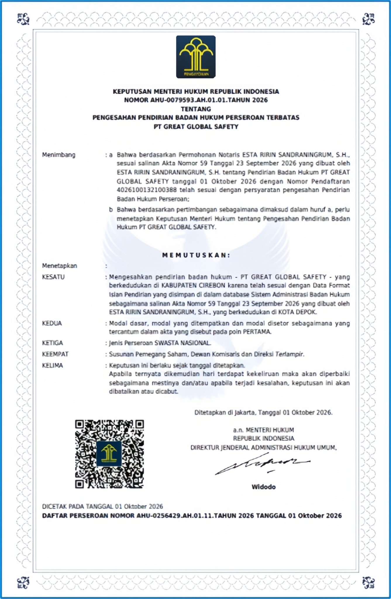 Dokumen SK Kemenkumham PT GREAT GLOBAL SAFETY